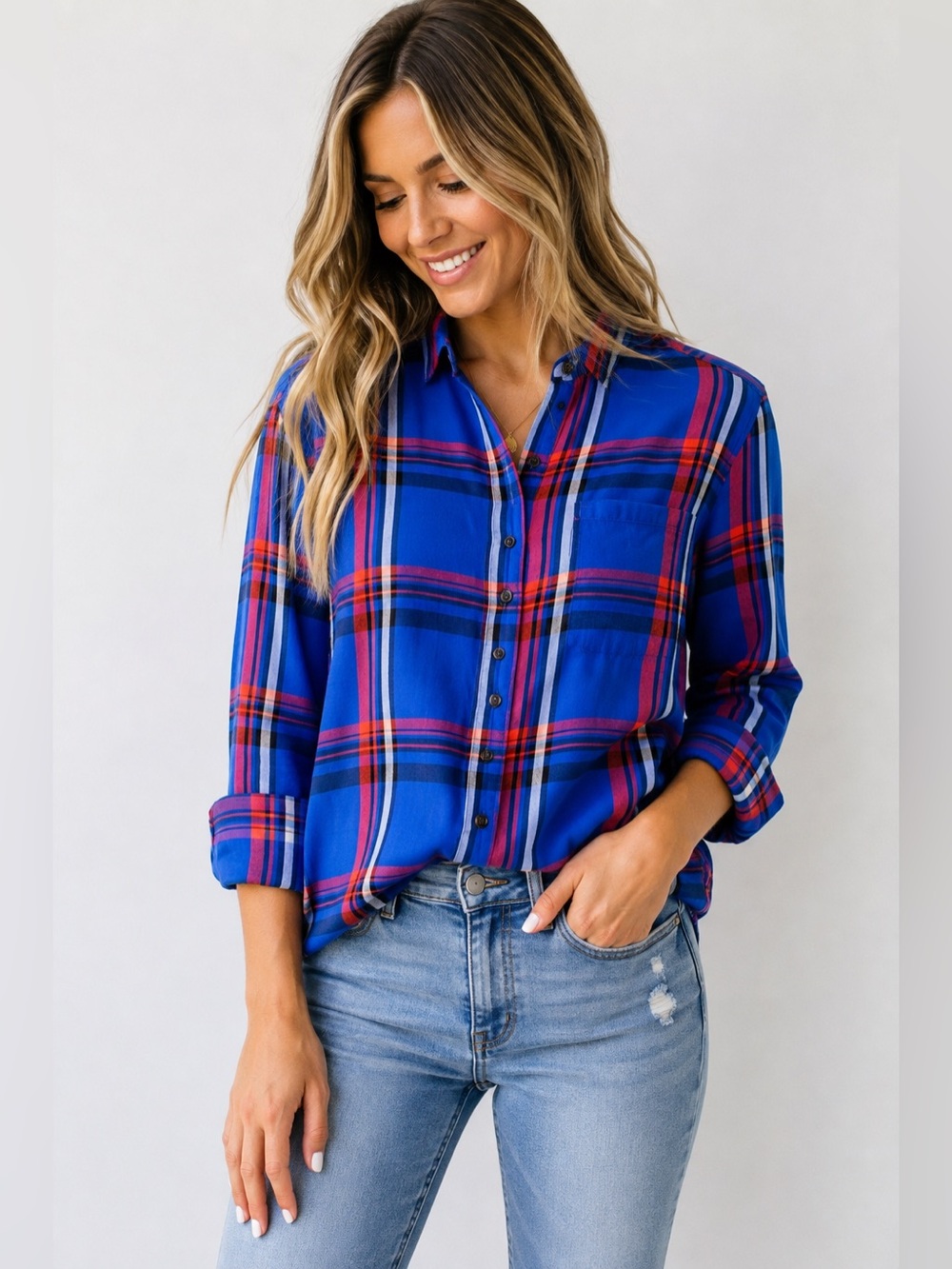 Old Navy Boyfriend Plaid Button Down Shirt Small Tall Blue Red 100% Cotton